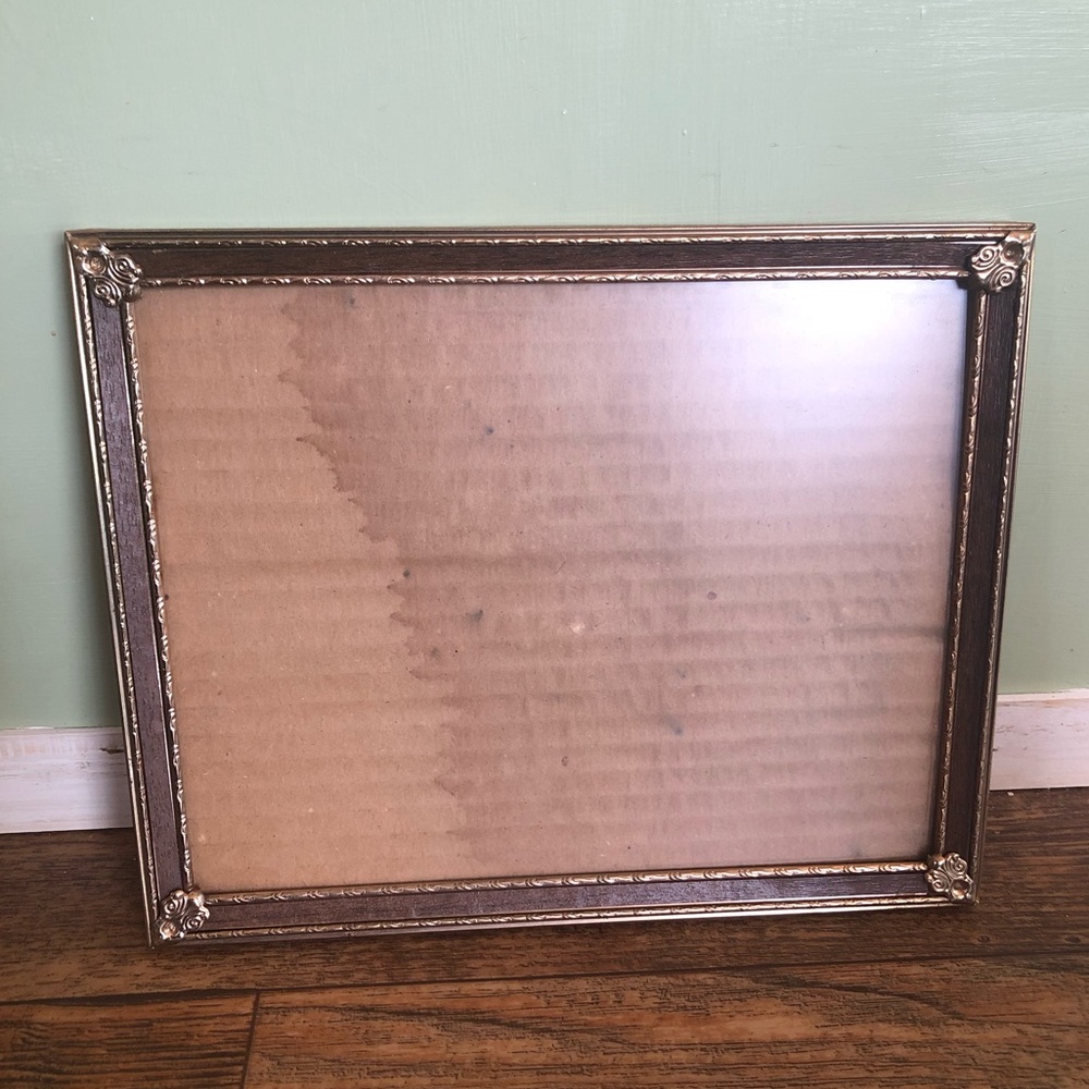 VTG Photo Frame Ornate Trim Gold Tone Wood Look Detail Inlay Holds 9.75 X 7.75”